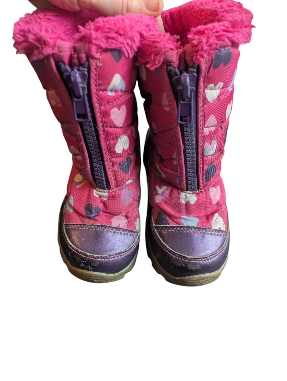 Kids Pink Heart-Print Snow Boots with Faux Fur Cuff